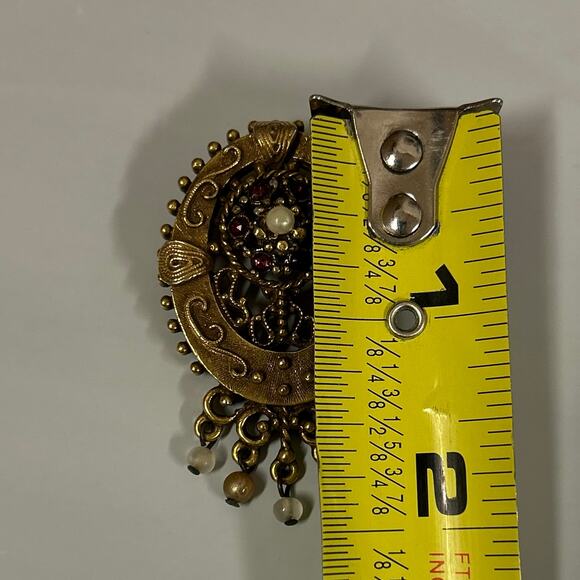 Vintage 70s Signed Pauline Rader Brass Faux Pearl  2” x 1.25” Brooch / Pendant - Picture 3 of 10